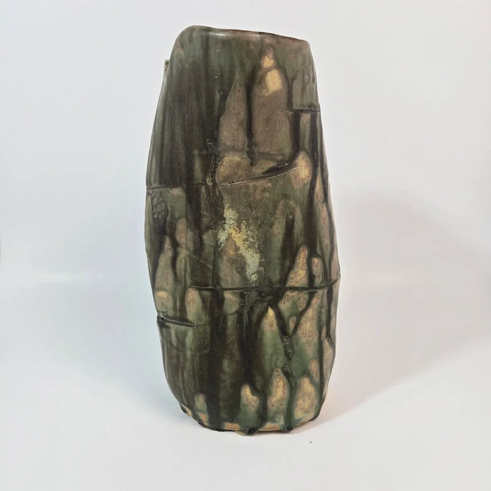 Studio Art Pottery Vase Green Charcoal Drip Glaze Organic Brutalist Stoneware 10